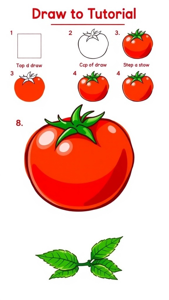 Step-by-step tomato drawing tutorial with colorful illustrations.